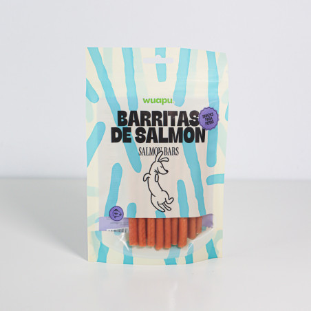 SNACK PARA PERRO EN BARRITAS SEMIHÚMEDAS DE SALMÓN 12 paq x (100gr) WUAPU
