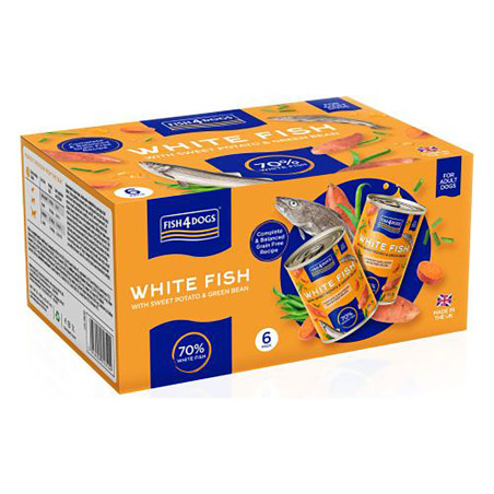 Fish4Dogs Comida húmeda para perro – Pescado blanco y boniato 395 g (pack de 6)