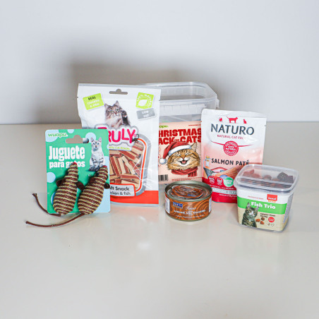 Christmas Pack para gato de Wuapu con snacks, juguetes y alimento húmedo