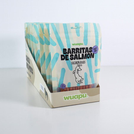 SNACK PARA PERRO EN BARRITAS SEMIHÚMEDAS DE SALMÓN 12 paq x (100gr) WUAPU