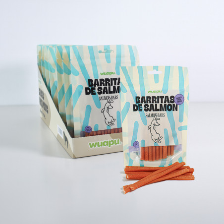 SNACK PARA PERRO EN BARRITAS SEMIHÚMEDAS DE SALMÓN 12 paq x (100gr) WUAPU